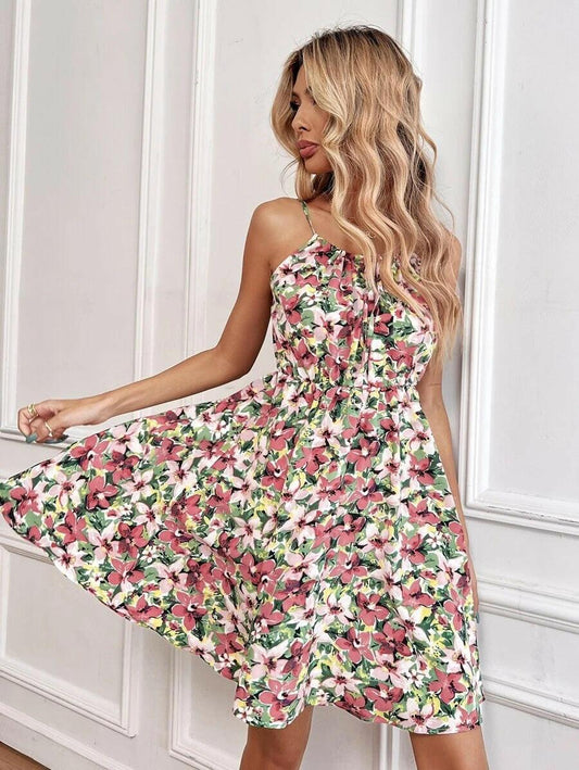 Floral Print Suspender Dress With Elastic Waist Design Fashion Summer Short Dresses Womens Clothing - myETYN