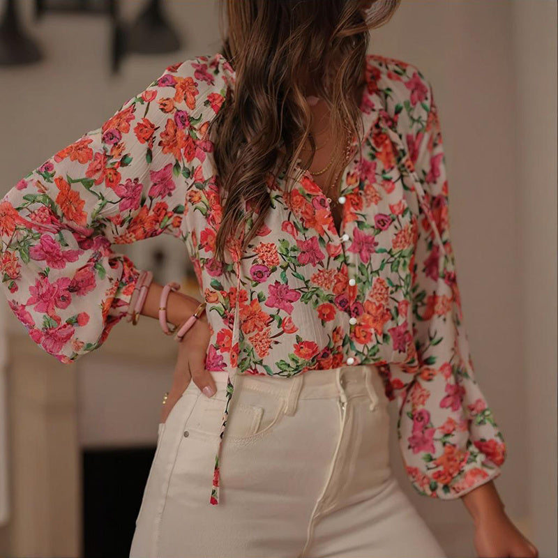 Women's Casual Boho Floral Print V Neck Long Sleeve Drawstring Tops Loose Blouses Button Down Shirts