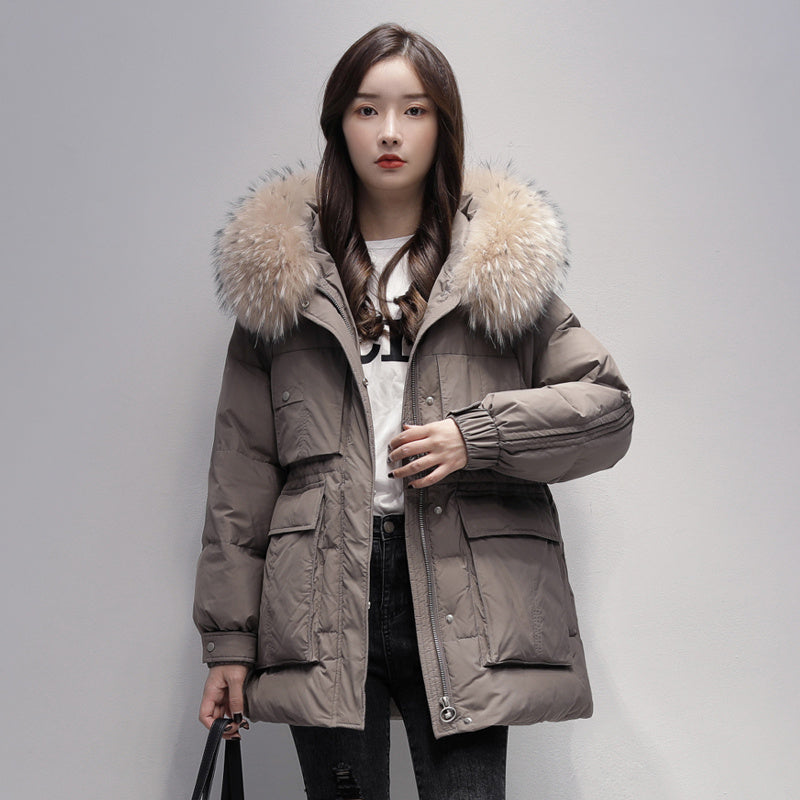 Down Jacket Women's Mid-length Raccoon Fur Collar Pie Overcomes White Duck Down