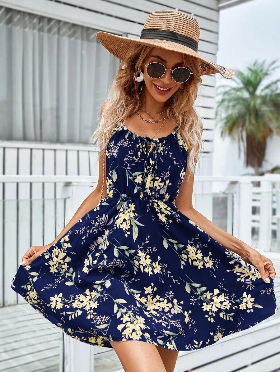 Floral Print Suspender Dress With Elastic Waist Design Fashion Summer Short Dresses Womens Clothing - myETYN