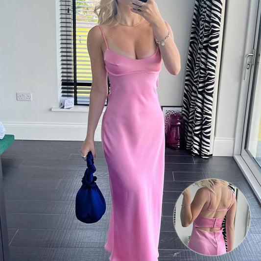 Women Camis Satin Long Dresses Elegant Sleeveless Slip Holiday Party Dresses Sexy Casual Backless Summer Dresses - myETYN