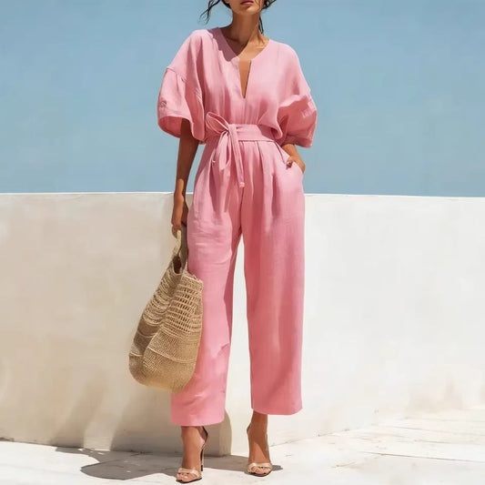 Fashionable V-Neck Cotton-Linen Jumpsuit for Women myETYN