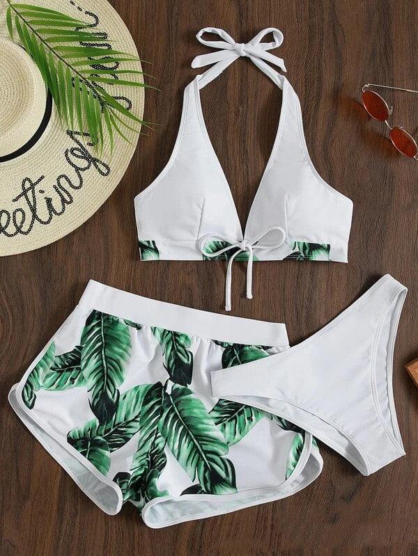 Women's 3-Piece Leaf Print Bikini Set with Shorts - Summer Beachwear