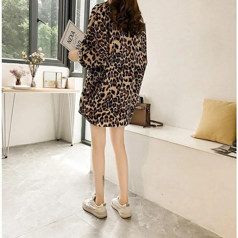 New Stylish Loose Plus Size Leopard Long Sleeve Pattern Mid-length Shirt For Women
