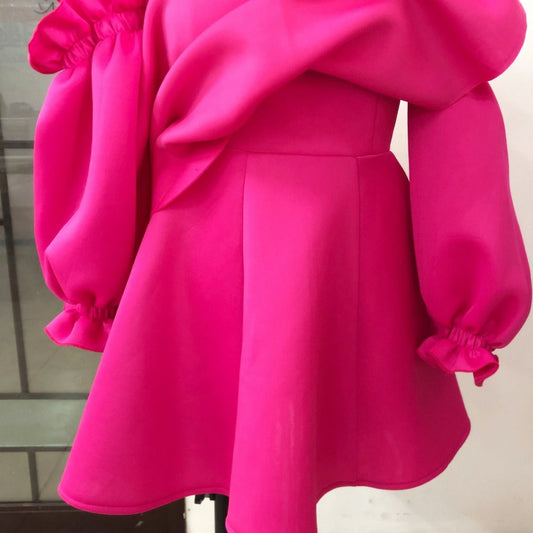 One-Shoulder Pleated Puff-Sleeve Party Mini Dress Abib