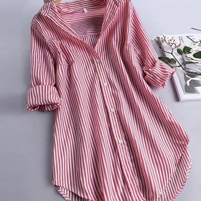 Women's Striped Long Sleeve Bottom Collar Loose Shirt