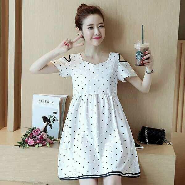 Polka Dot Loose Short Sleeve Off-The-Shoulder Mid-Length Maternity Dress - myETYN