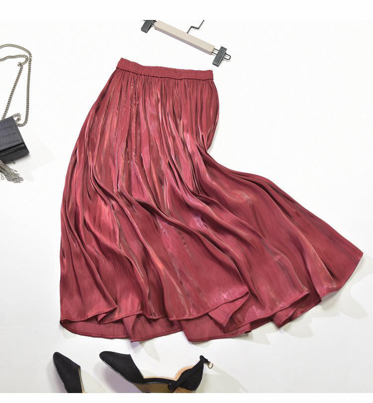 Mid-Length Mid-Length Autumn A-Line Gentle Wind Pleated Satin Half Skirt