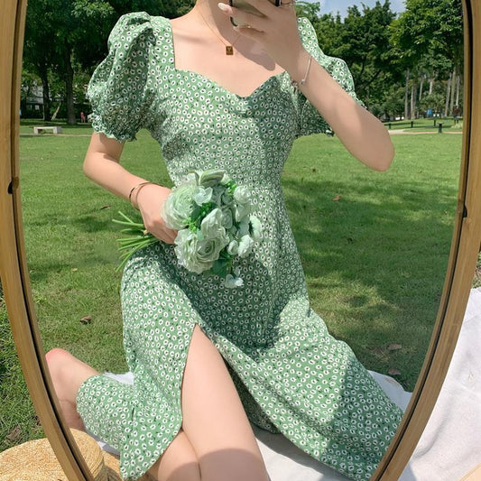 Women"s Summer New French Style Square Collar Floral Dress Korean Style Style Thin Split Bubble Sleeve Skirt - myETYN