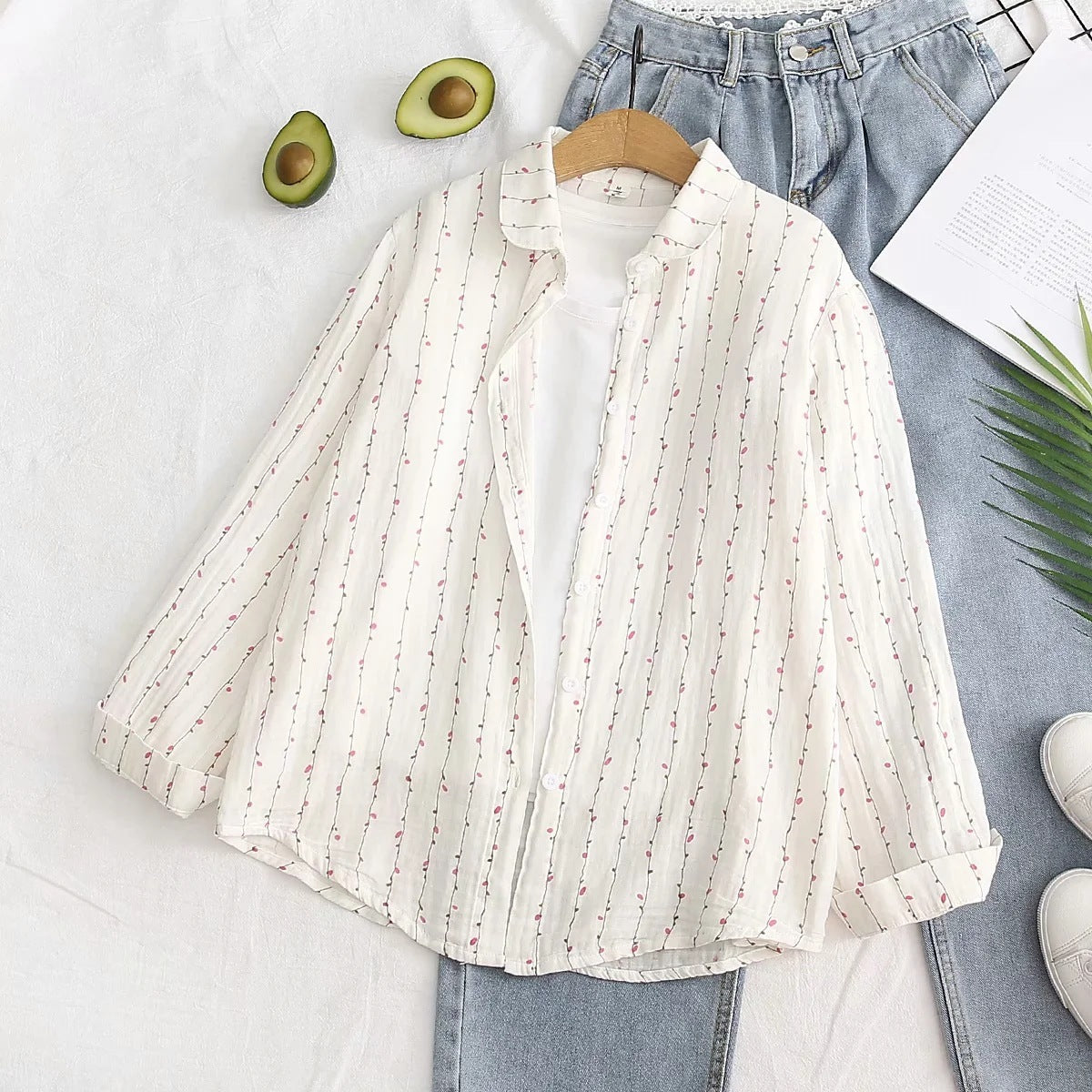 Autumn New Double-layer Cotton Yarn Long Sleeves Shirt Women's Korean-style Loose Artistic Small Floral Cotton Soft Shirt