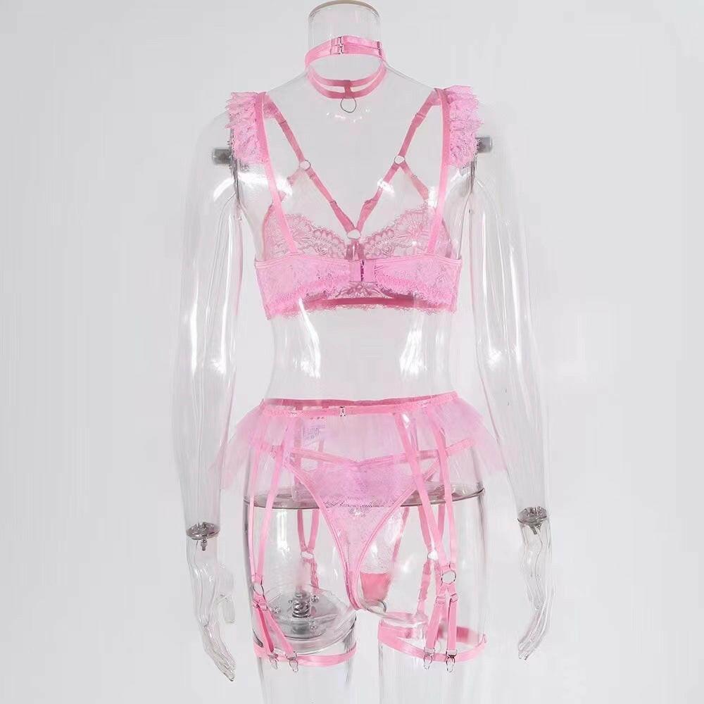 Lace Hollow Embroidery Backless Garter Sexy Suit - myETYN