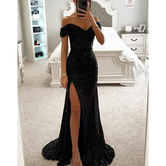 Party Sequins Off-neck Split Dress INS Casual Fashion Dress Women Charming Slimming Dress For Women Abib