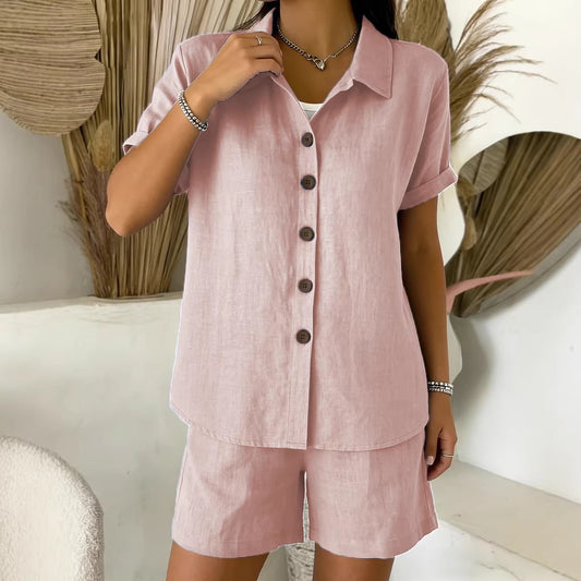 Casual Cotton-Linen Button-Up Shirt & Shorts Set – Breathable Summer Co-Ord for Women