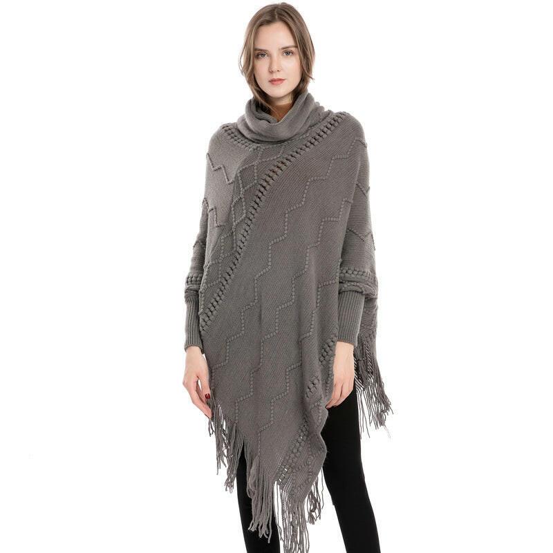 Acrylic Fringed Sweater High Collar Warm Sleeve Pullover Cloak - myETYN
