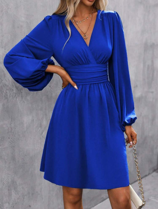 Foreign Trade Amazon Solid Color Chest Wrap V-neck Lantern Sleeve Dress ETYN