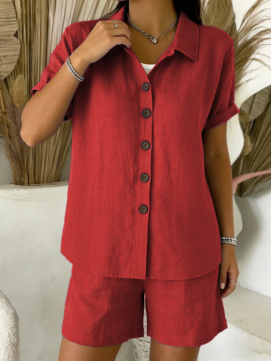 Casual Cotton-Linen Button-Up Shirt & Shorts Set – Breathable Summer Co-Ord for Women