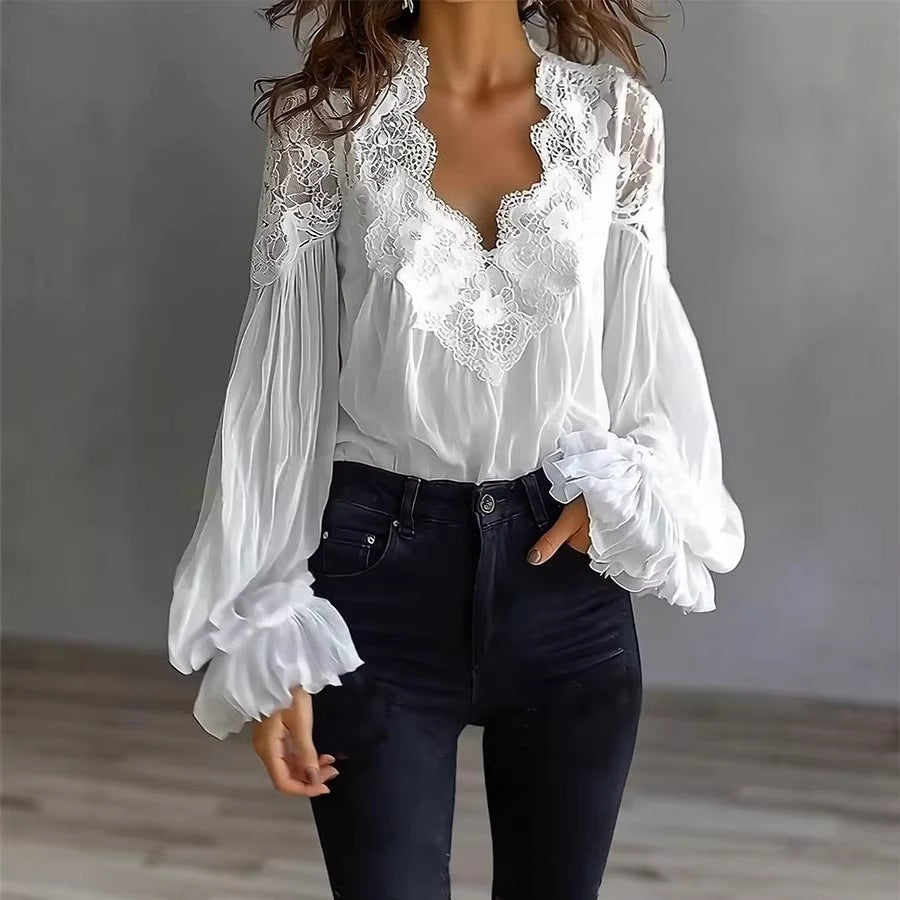 Ins Puff-sleeved Blouse Fashion Elegant Ruffle Pleated Long-sleeved Top Womens Clothing myetyn