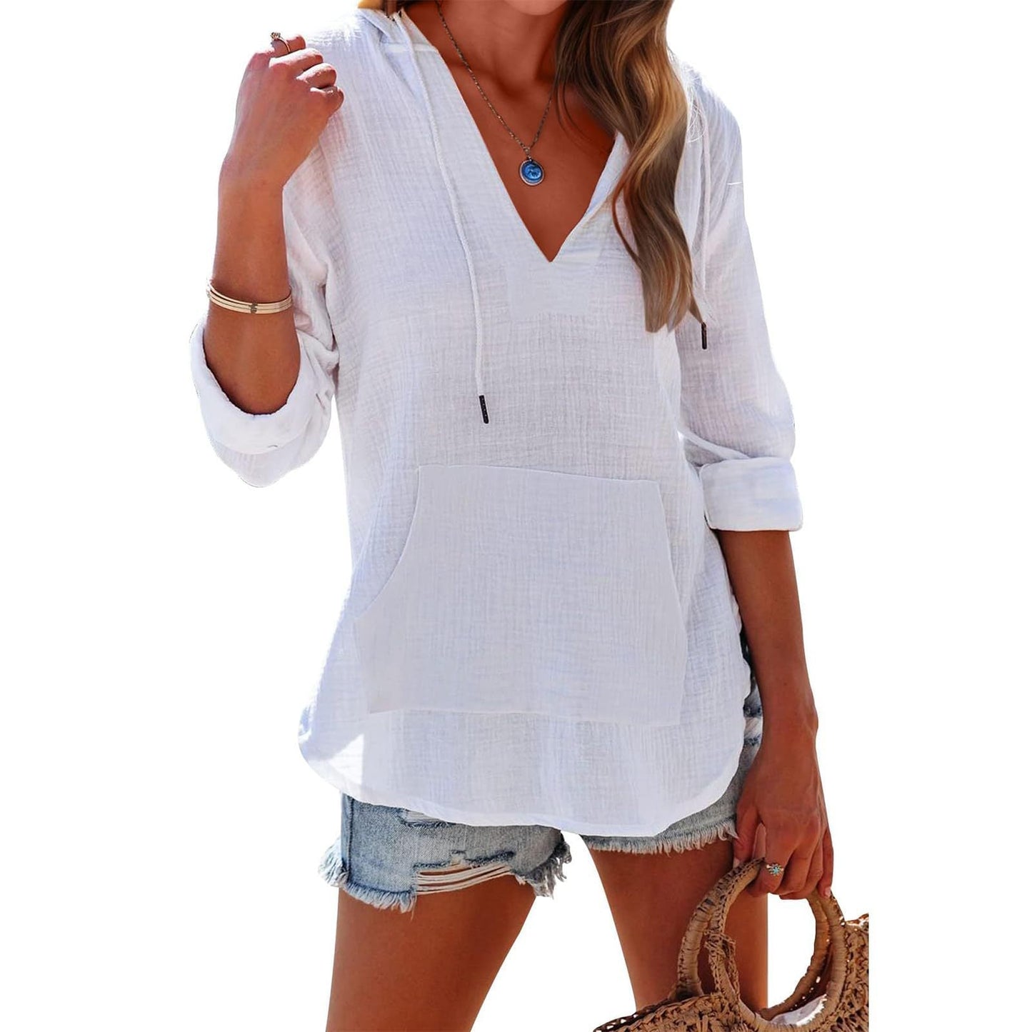 V-neck Hooded Shirt With Pockets Fashion Sports Long-sleeved Split Shirts Tops For Women Clothing ETYN