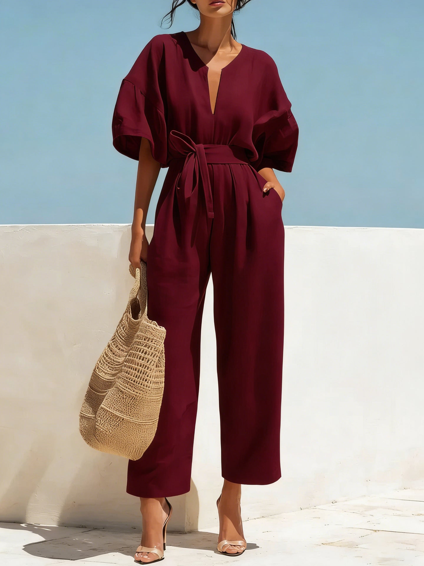 Fashionable V-Neck Cotton-Linen Jumpsuit for Women