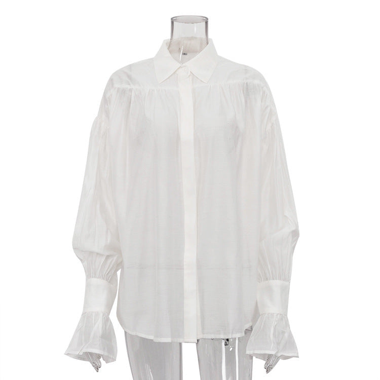Polo Collar Solid Color Long Sleeve Shirt ETYN