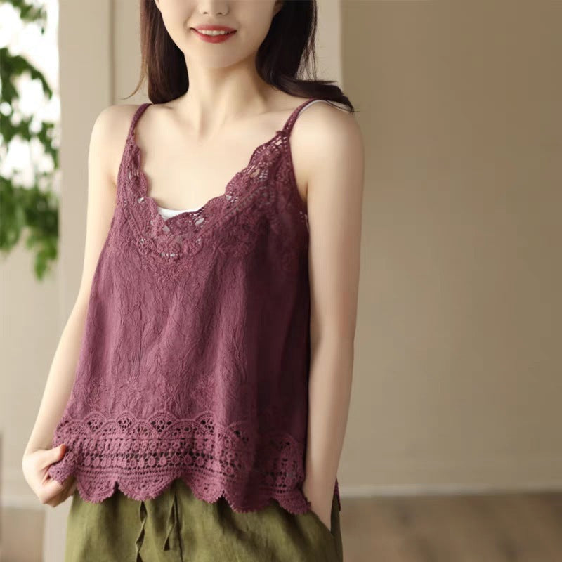 Retro All Cotton Hollow Embroidered Lace Vest ETYN