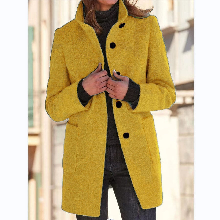 Fashion Stand Collar Woolen Coat With Pockets Fall Winter Casual Button Outwear For Women Clothing ETYN