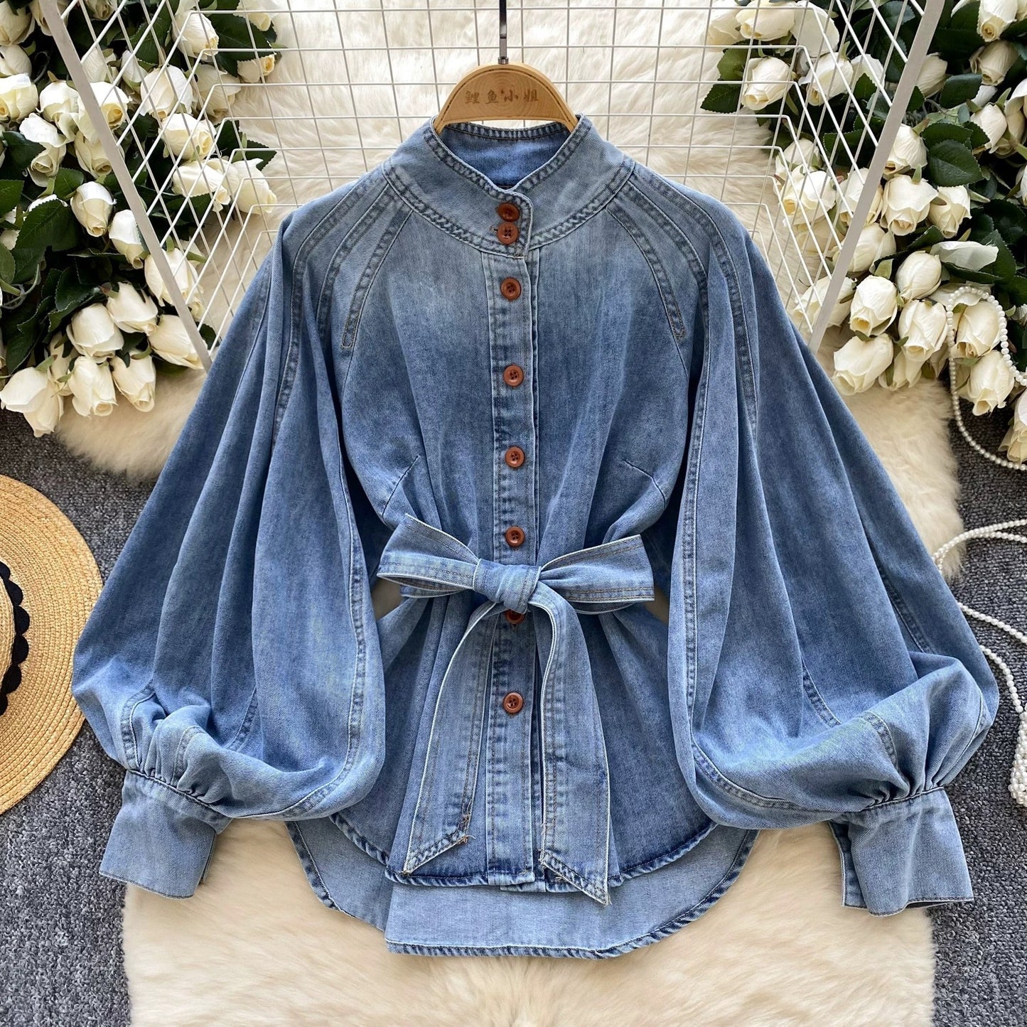 Retro Lace-up Waist-controlled Stand-up Collar Puff Sleeve Denim Top