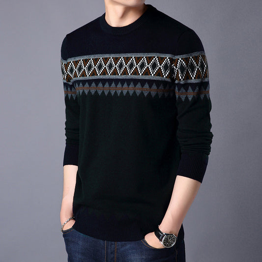 Men Knitted Pullover Round Neck Color Block Wool Top - myETYN