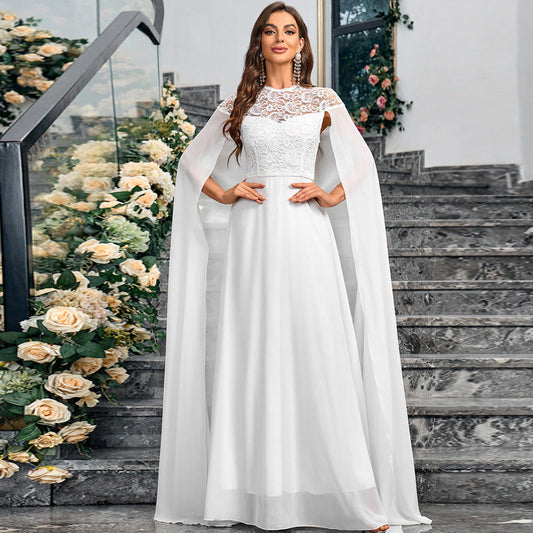 Women’s Plus Size Chiffon Round Neck Lace Cloak Evening Dress – Long White Gown ETYN