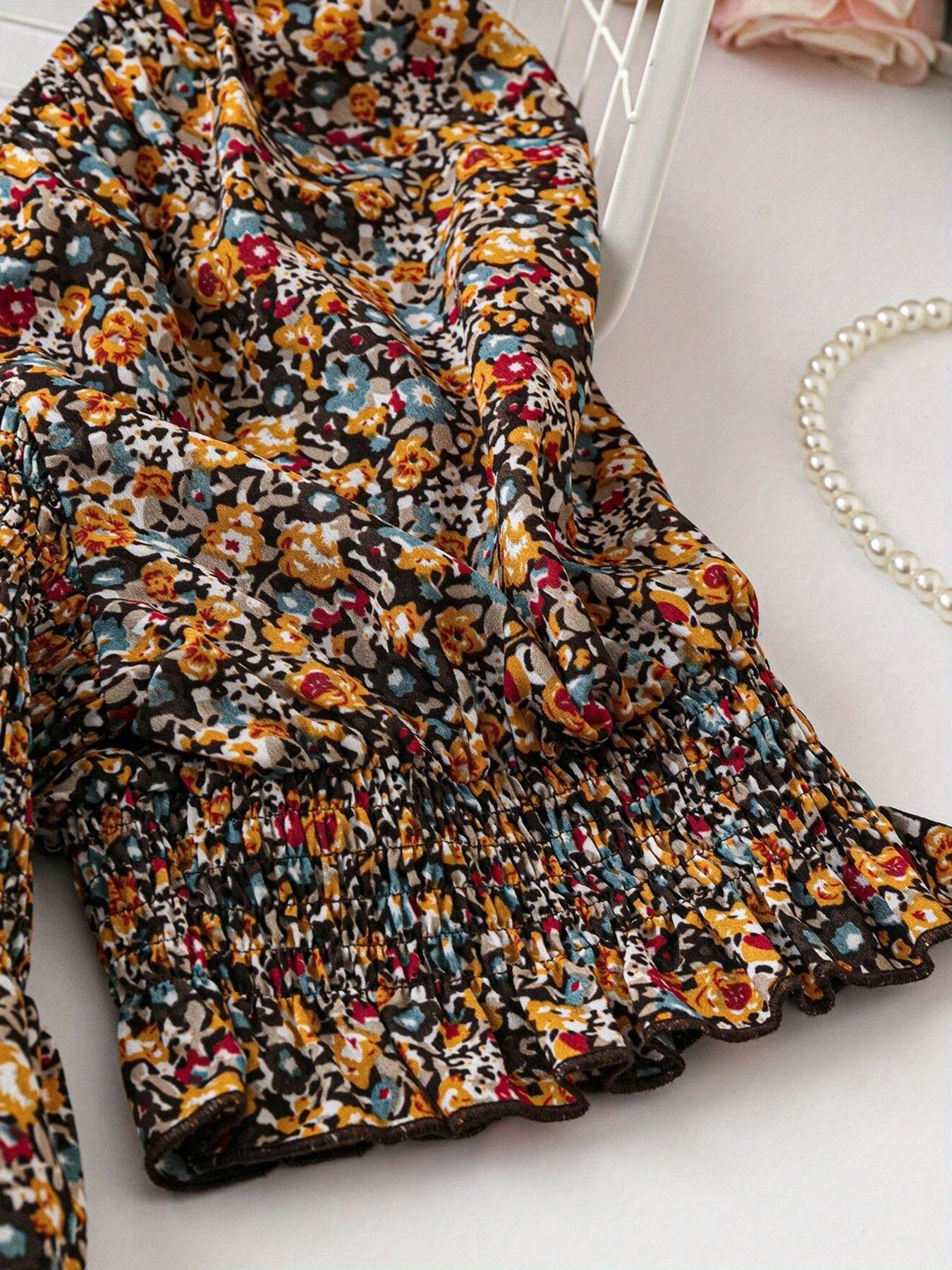 Women's Plus Size Elegant Shirred All-Over Print Blouse - Summer Stylish Square Neck Work Top