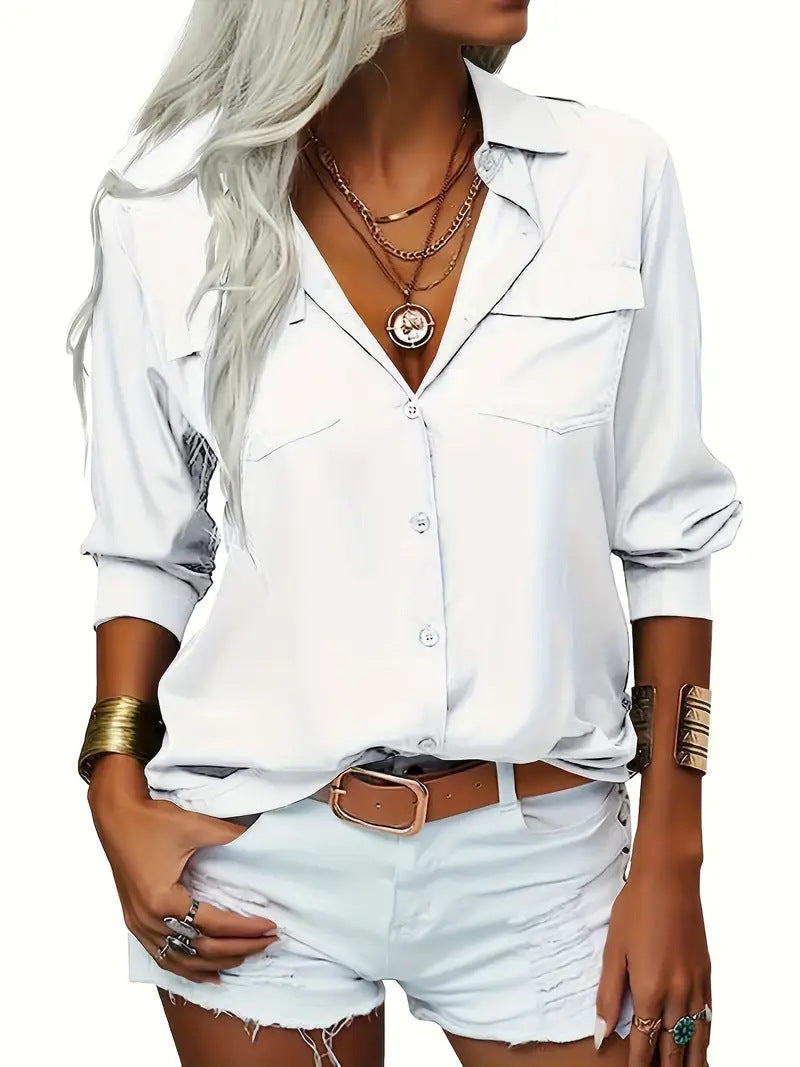 Women's Elegant Solid Chiffon Blouse Spring Summer Casual Long Sleeve V Neck Loose Shirt Office Lady Tunics Tops Abib