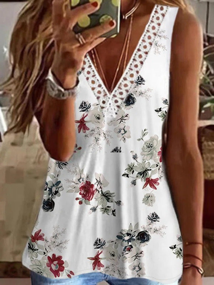 Women's V-neck Lace Casual Top Short Sleeve Printed Stitching T-shirt