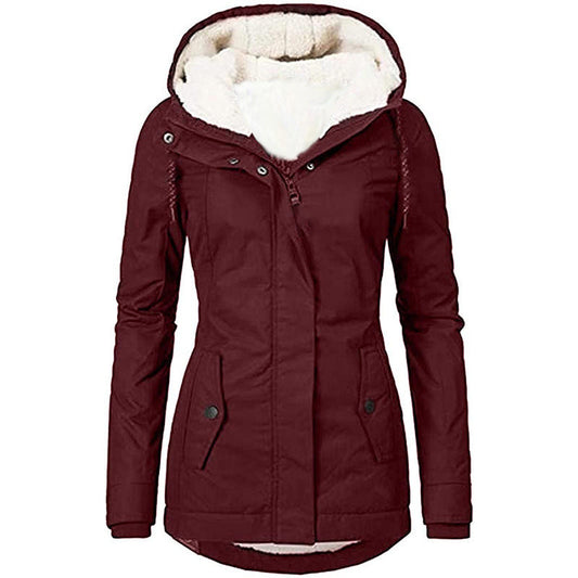 Solid Color Pocket Long-sleeve Zipper Fleece Padded Coat Women ETYN