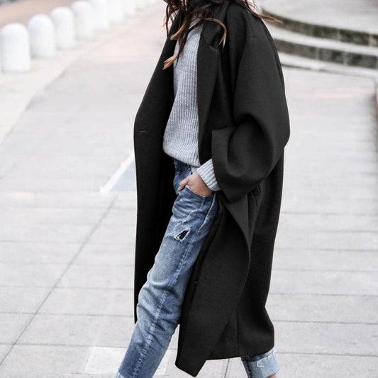 Casual Long Jacket With Pockets Solid Color Single Breasted Lapel Woolen Coat For Women Warm Winter Clothing ETYN