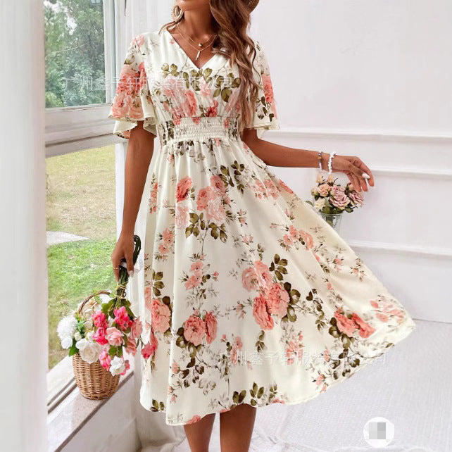 Ladies New Plant Flower Print Belt Smocking Dress