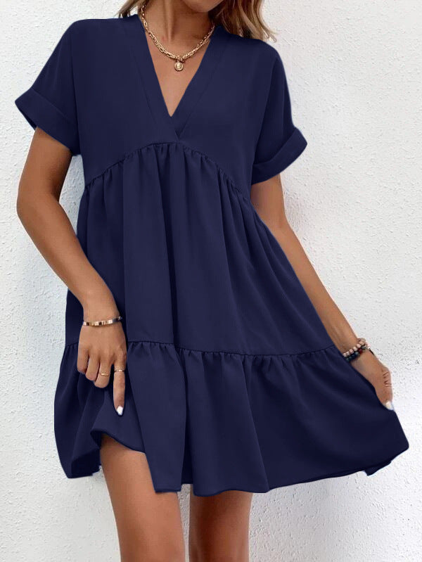 New Short-sleeved V-neck Dress Summer Casual Sweet Ruffled Dresses Solid Color Holiday Beach Dress For Womens Clothing