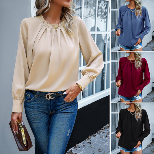 Elegant Lace Collar Long Sleeve Solid Color Top - myETYN