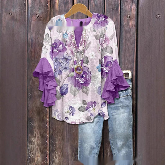 Women's Creative Printing Casual V-neck Lotus Sleeve T-shirt ETYN