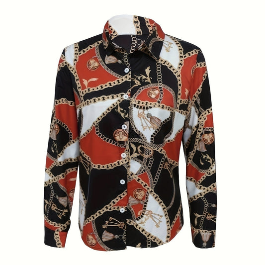 Chain Print V-Neck Long-Sleeve Shirt ETYN