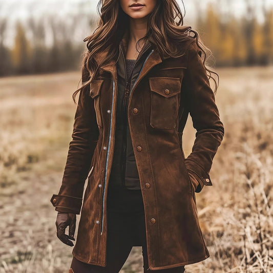 Women's Retro Lapels Brown Suede Casual Jacket ETYN
