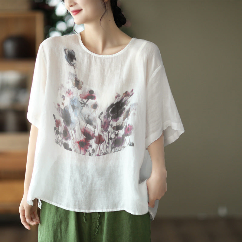 Summer New Vintage Ink Print Front Short Back Long Casual T-shirt ETYN