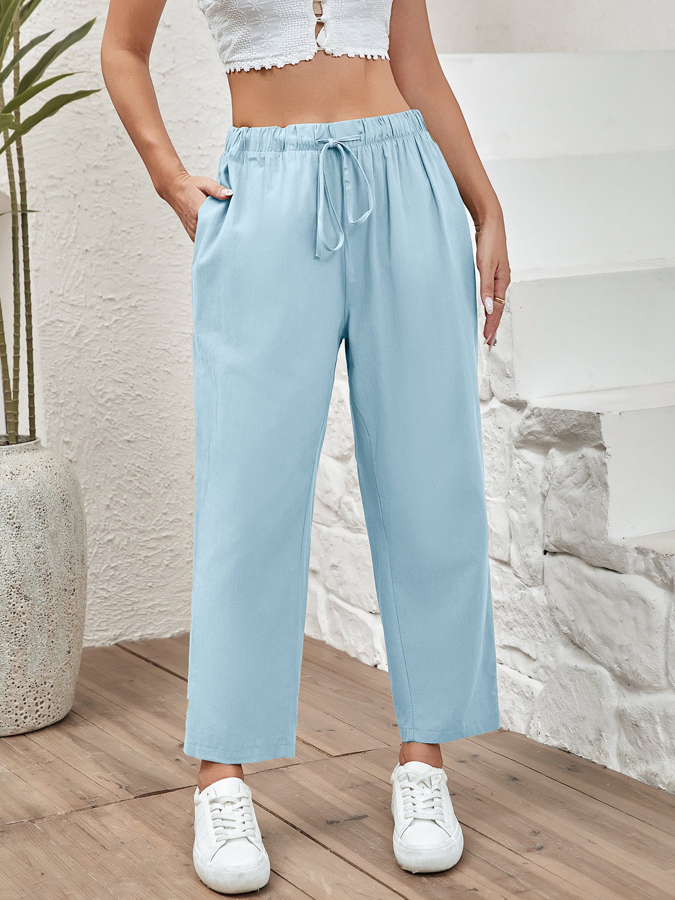 Women's Drawstring Elastic Cotton And Linen Casual Cropped Pants