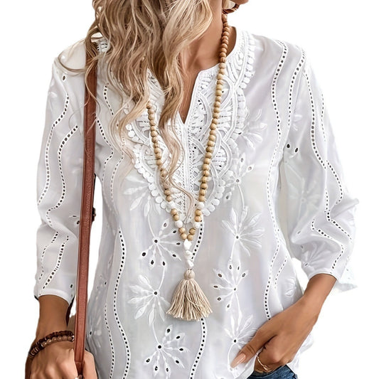 Loose V-neck Temperament Commute Embroidered Bell Sleeve Lace Top ETYN