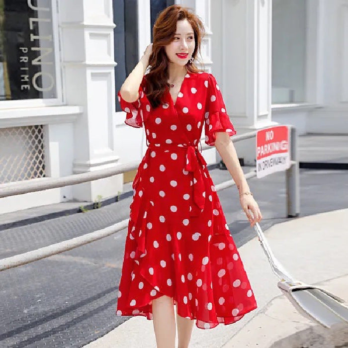 Design Sense Niche Short Sleeve Polka Dot Skirt Dot Red