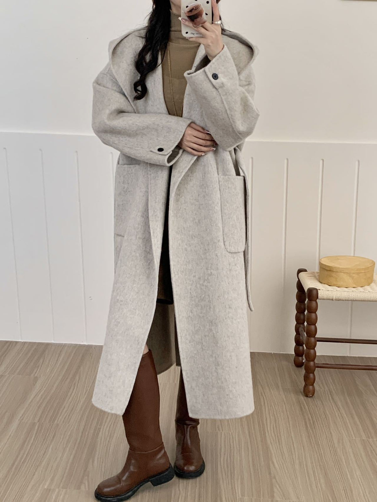 Solid Color Hooded Double-sided Wool Overcoat Women ETYN