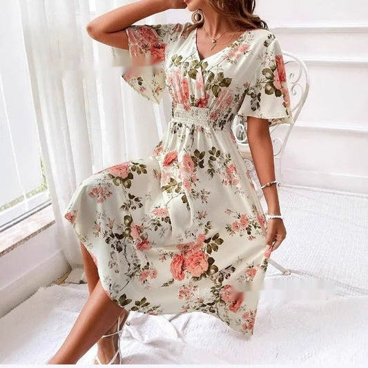 Ladies New Plant Flower Print Belt Smocking Dress ETYN