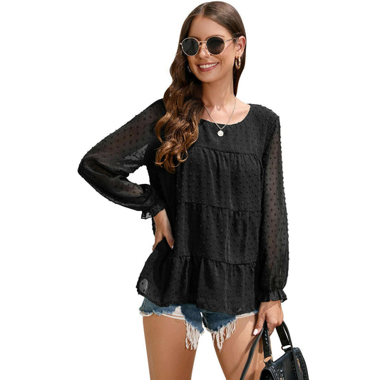 Loose Chiffon Shirt Round Neck Ruffle Top - myETYN