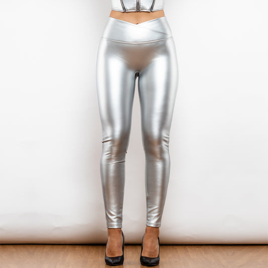Shascullfites Melody X Cross Silver High Waist Leather V Shape Leggings Metallic Leggings Sexy Woman Clothing - myETYN