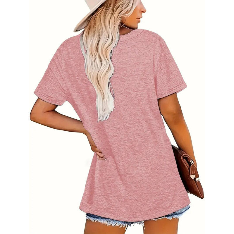 Women's Round Neck Short Sleeve T-Shirt With Patterned Heart Print, Casual Summer Tee