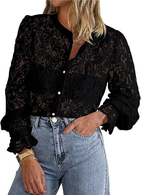 European And American Ladies Fashion Casual Lace Shirt Long Sleeve Button Shirt ETYN